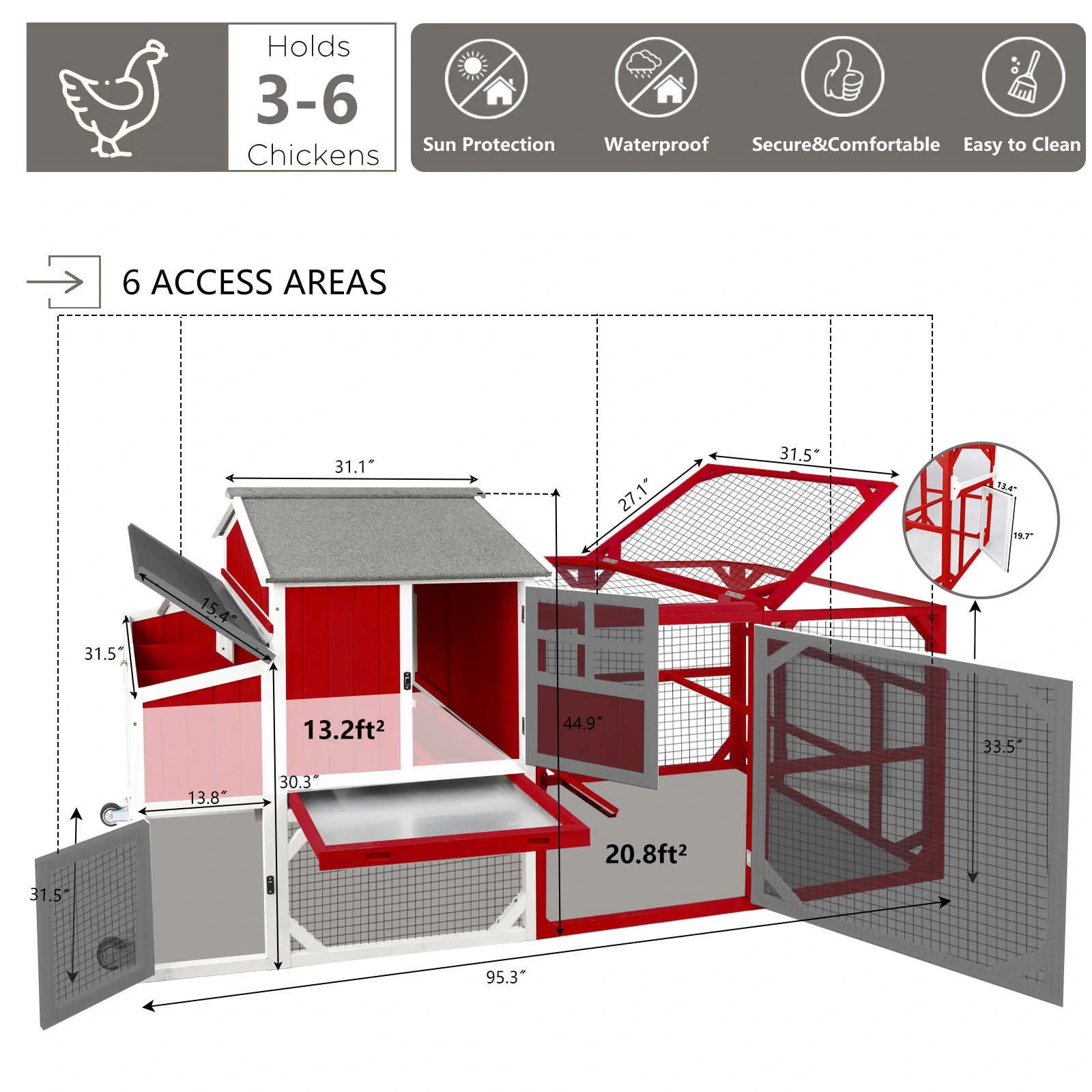 Red and white wooden chicken coop with wheels