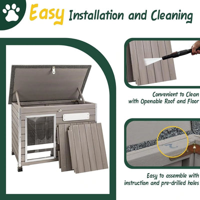 Durable grey wooden dog kennel with open door view