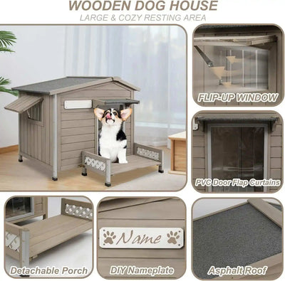 Grey weatherproof dog kennel with raised base and railing