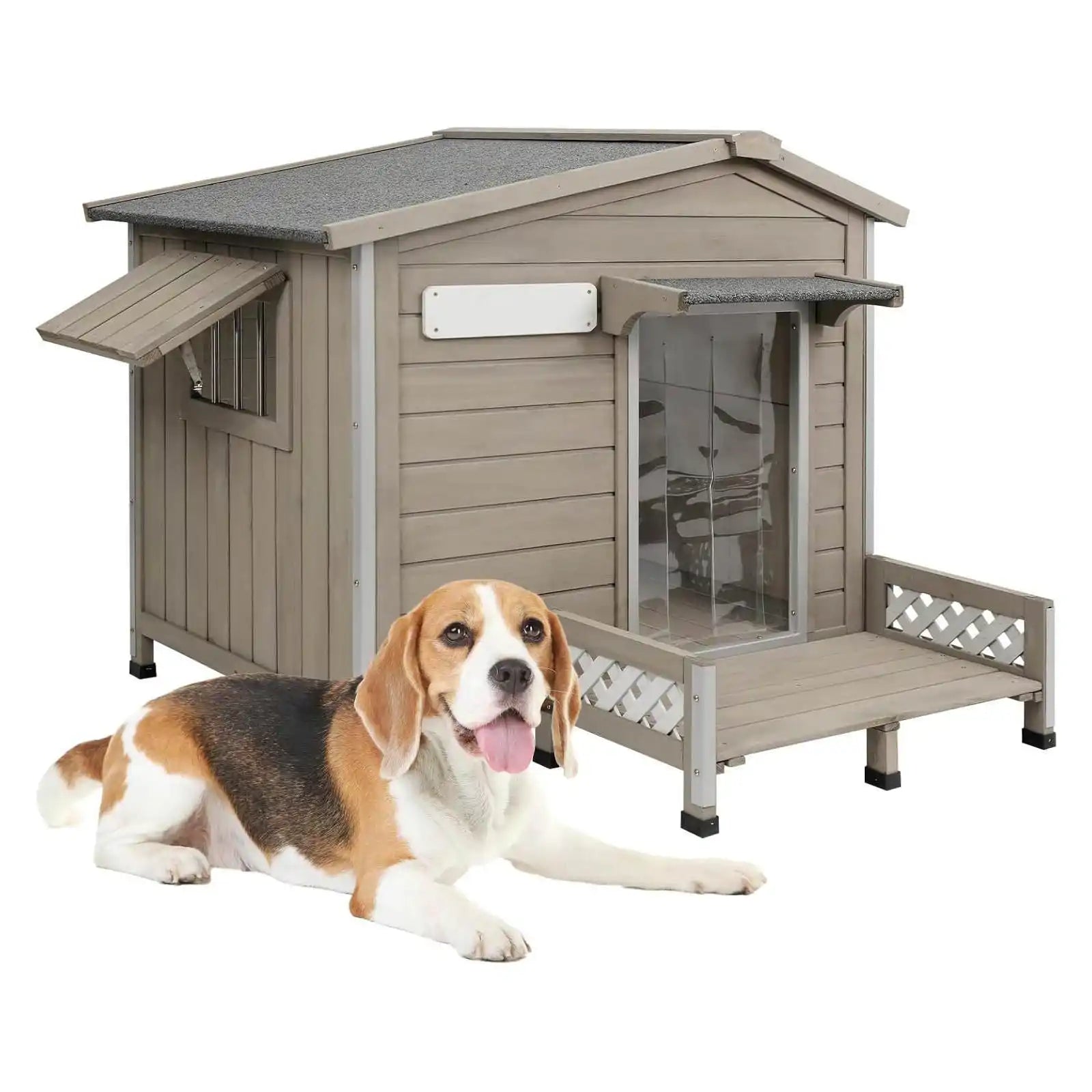 PETSCOSSET Outdoor Dog House, Wooden Dog Kennel with Porch & Window for Medium Dog,34.8/38.8/40.6in,Grey