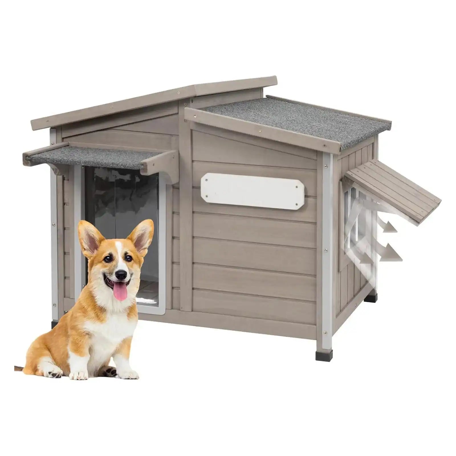 PETSCOSSET Dog House Outdoor,Anti-Chewing Iron Frame Wooden Dog Kennel Outside,34/22/26.5in,Grey