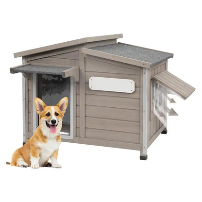 PETSCOSSET 34‘’L Large Wooden Dog House Outdoor Weatherproof with Chew-Proof Iron Frame for Medium Dogs,Grey