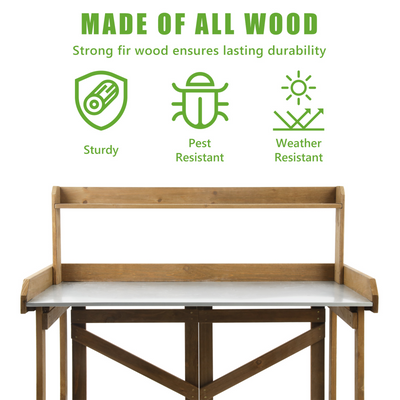 Outdoor Folding Potting Bench Table with Galvanized Tabletop,2 Tier Storage Shelves-GF12