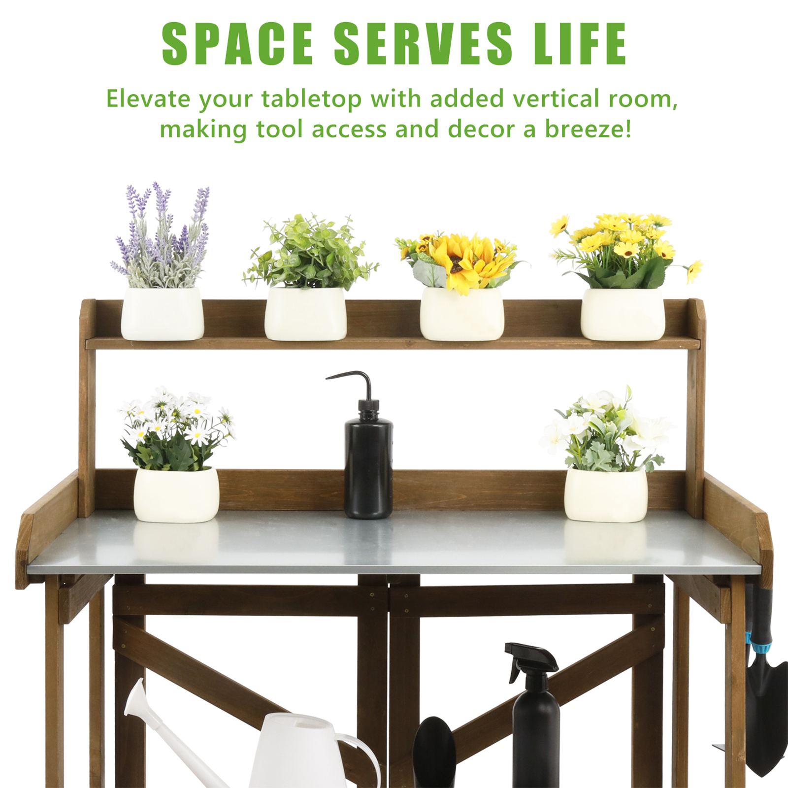 Outdoor Folding Potting Bench Table with Galvanized Tabletop,2 Tier Storage Shelves-GF12