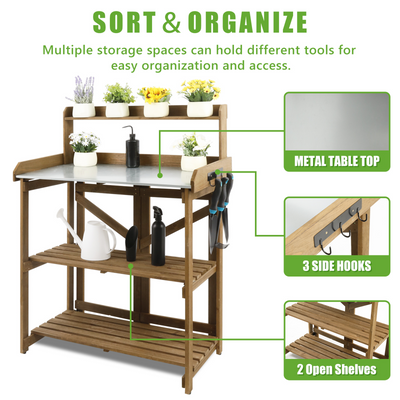 Outdoor Folding Potting Bench Table with Galvanized Tabletop,2 Tier Storage Shelves-GF12