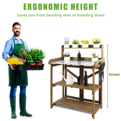 Outdoor Folding Potting Bench Table with Galvanized Tabletop,2 Tier Storage Shelves-GF12