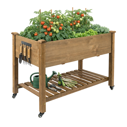 Wood Elevated Planter Box Outdoor w/ Wheels, Storage Shelf-GF22W
