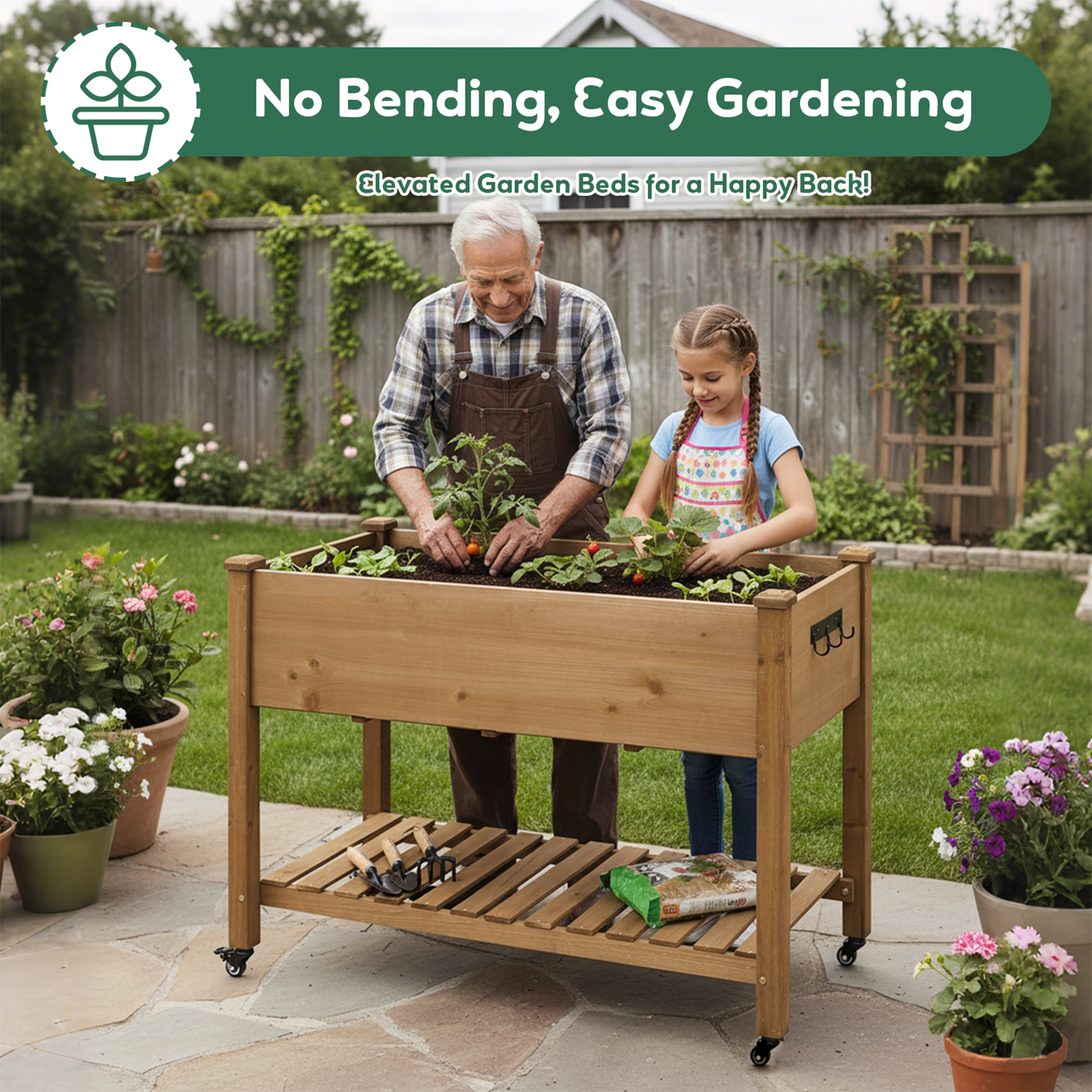 Wood Elevated Planter Box Outdoor w/ Wheels, Storage Shelf-GF22W