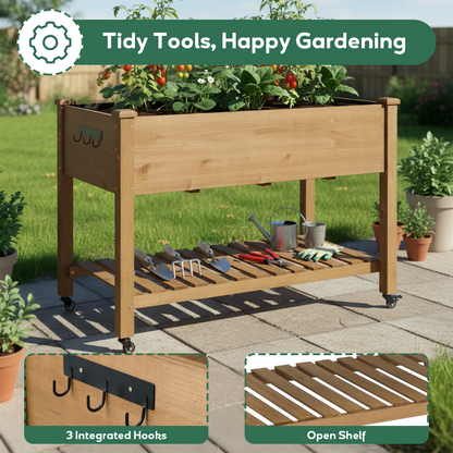 Wood Elevated Planter Box Outdoor w/ Wheels, Storage Shelf-GF22W