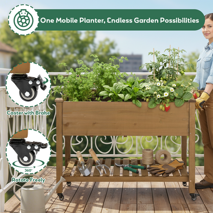 Wood Elevated Planter Box Outdoor w/ Wheels, Storage Shelf-GF22W