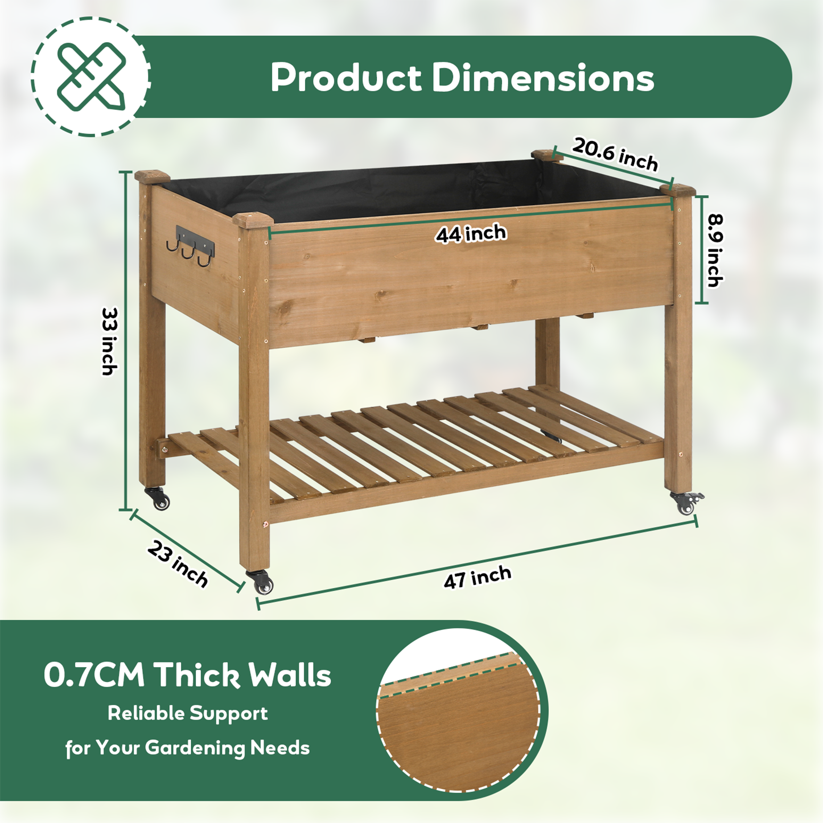 Wood Elevated Planter Box Outdoor w/ Wheels, Storage Shelf-GF22W