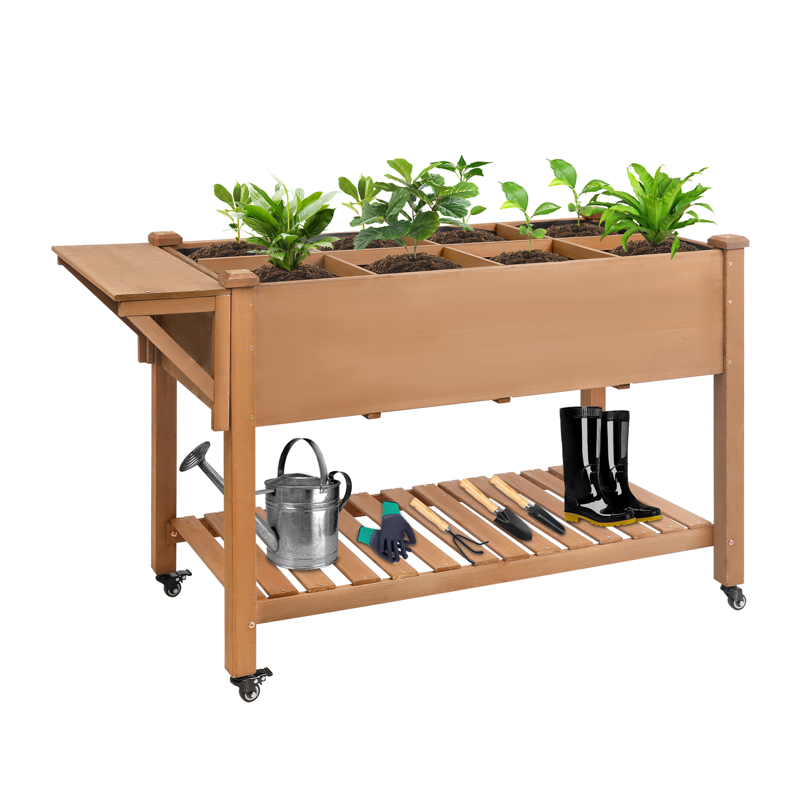 55.5x23x33in Mobile Elevated Wood Planter with Wheels, Shelf, Liner-GF23W