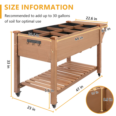 55.5x23x33in Mobile Elevated Wood Planter with Wheels, Shelf, Liner-GF23W