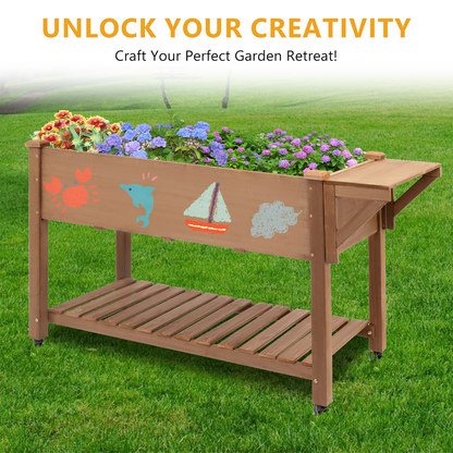 55.5x23x33in Mobile Elevated Wood Planter with Wheels, Shelf, Liner-GF23W