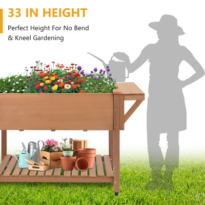 55.5x23x33in Mobile Elevated Wood Planter with Wheels, Shelf, Liner-GF23W