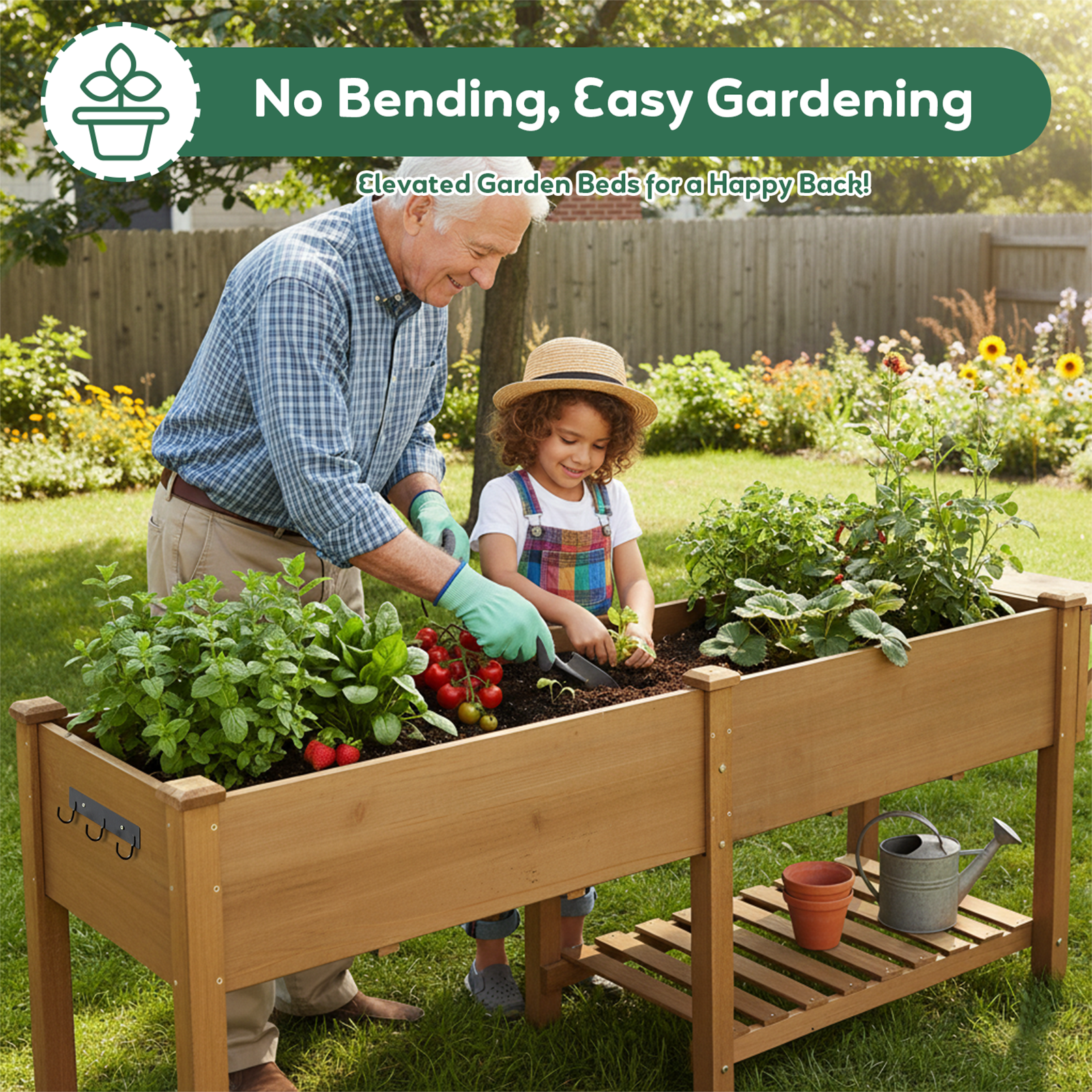 Large Raised Garden Bed Outdoor Wooden Planter Box with Storage Shelf-GF24