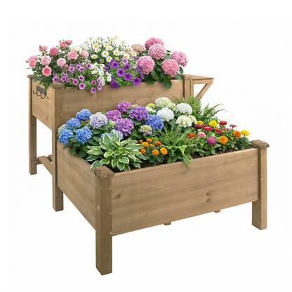 2-Tier Raised Garden Bed Outdoor Elevated Garden Box with Storage Shelf-GF25