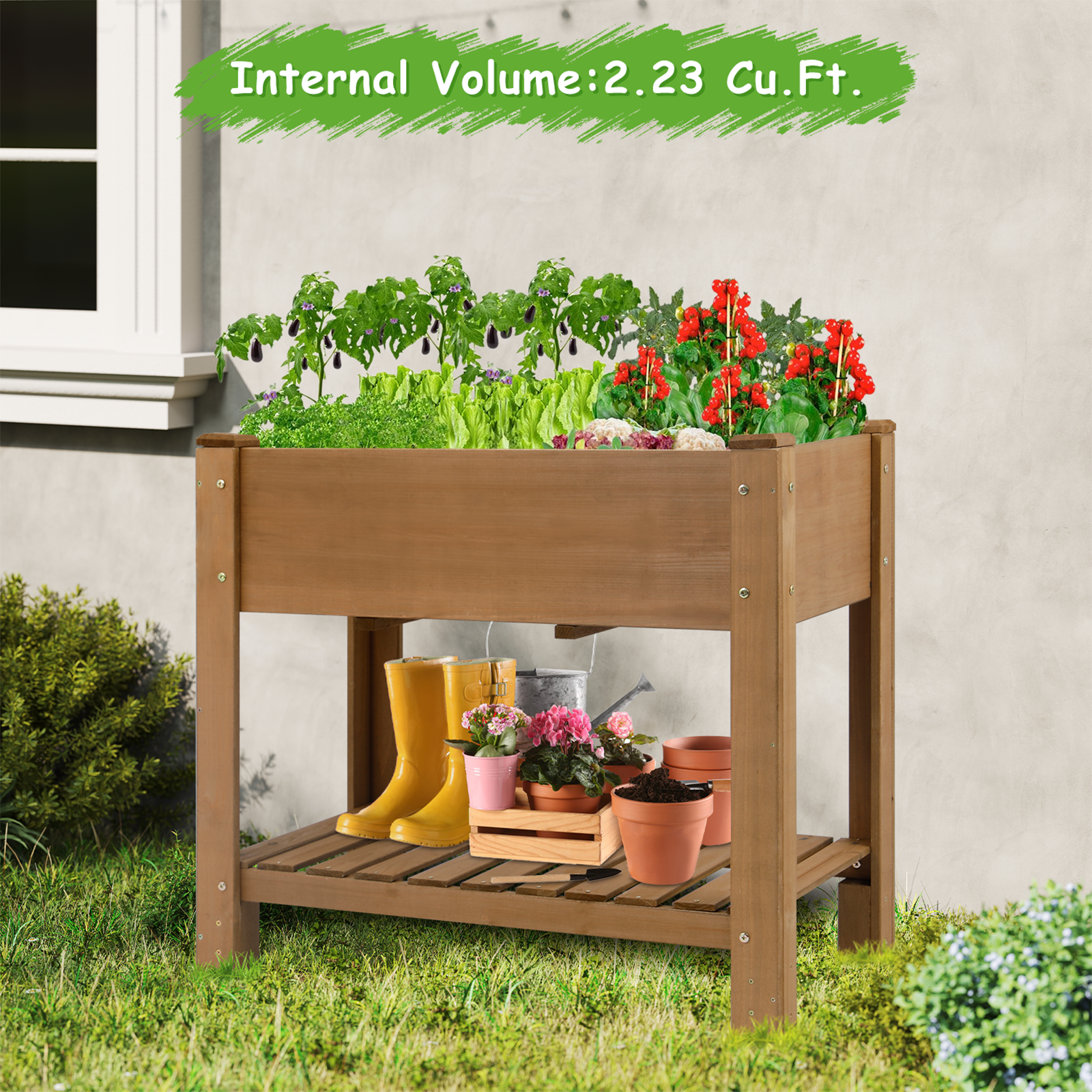 33.46″L Raised Garden Bed Wooden Elevated Planter Box with Storage Shelf-GF27