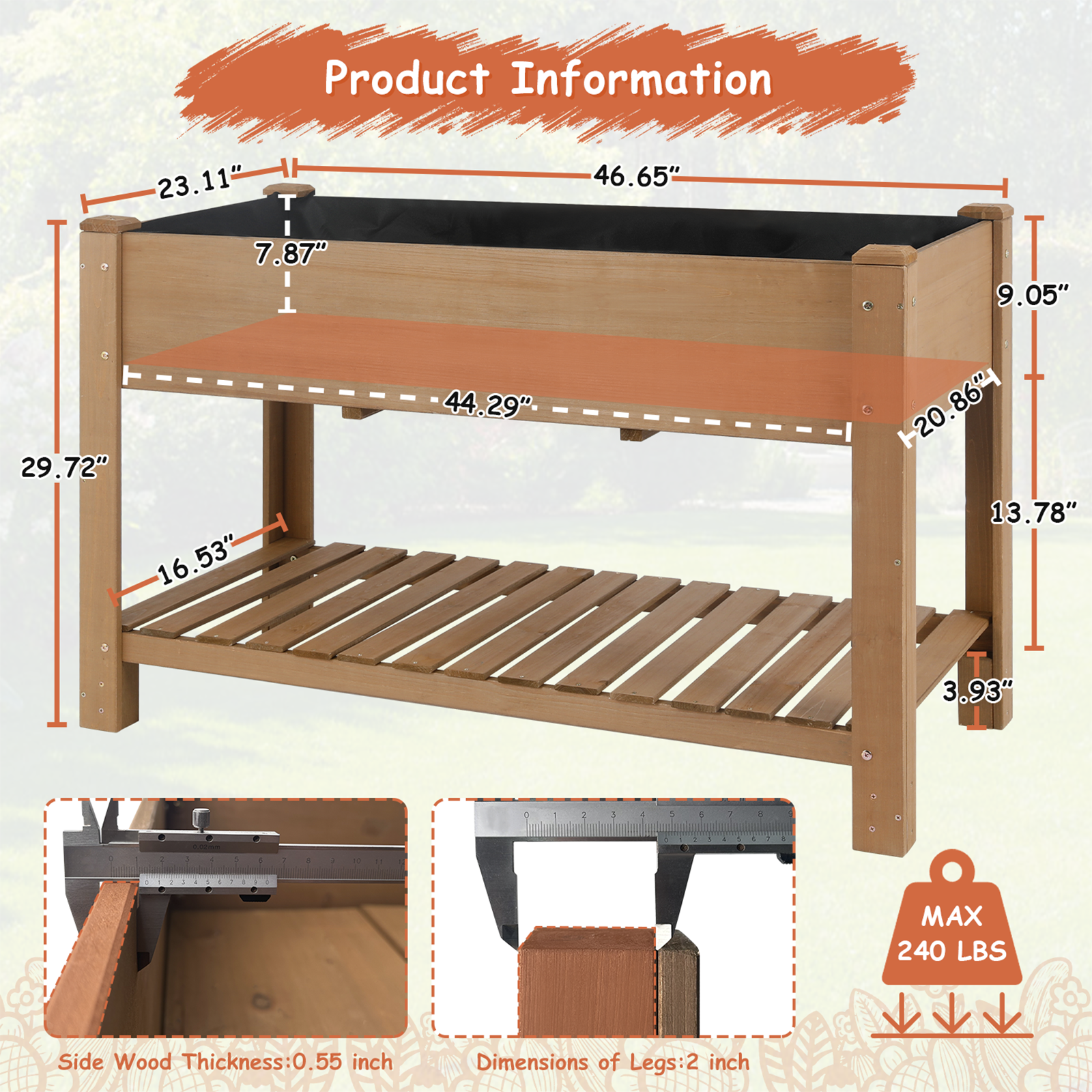 46.65”L Raised Garden Bed Wooden Elevated Planter Box with Shelf-GF29