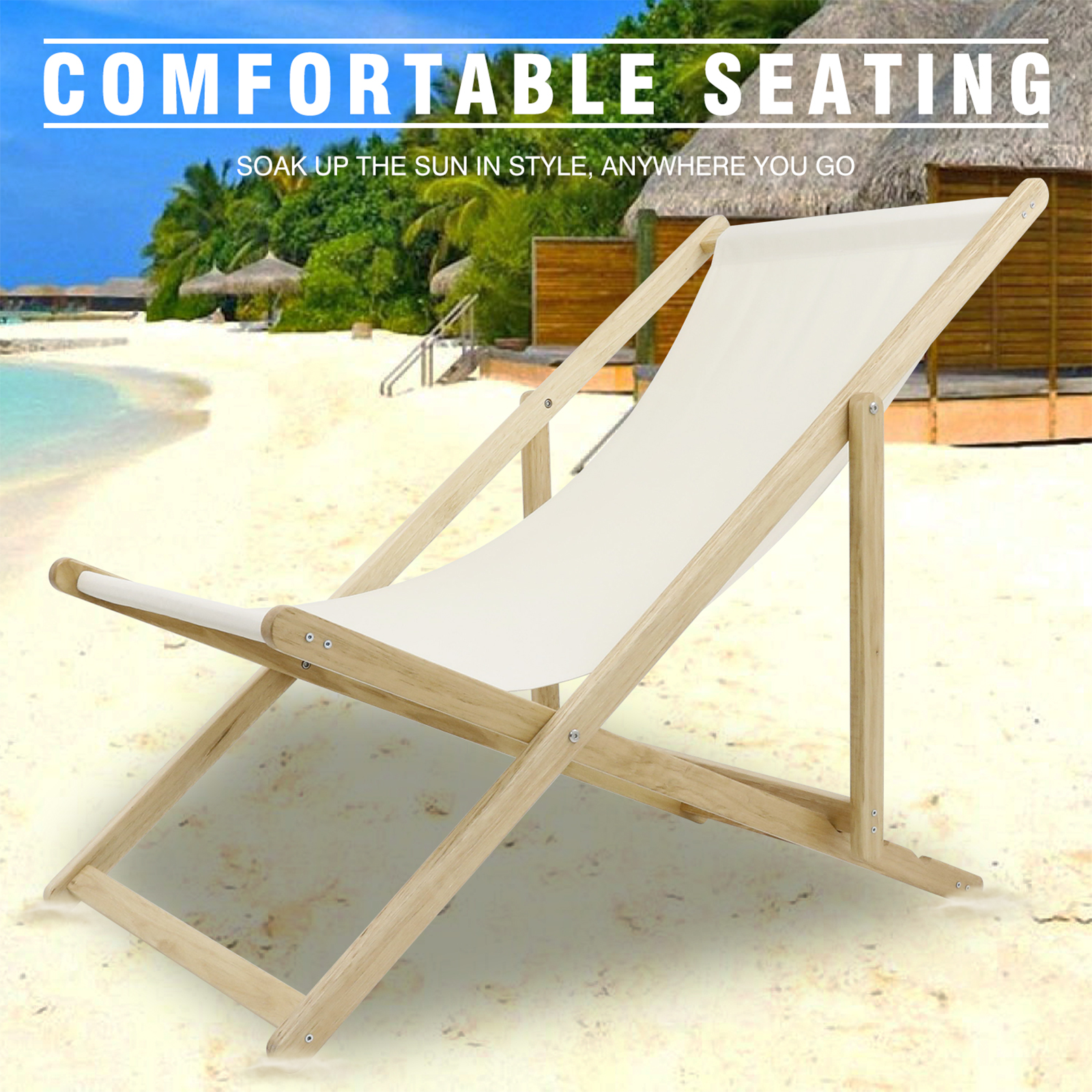 2 PCS 41″L Wooden Patio Lawn Deck Chairs Outdoor Camping Sling Chairs-GF30