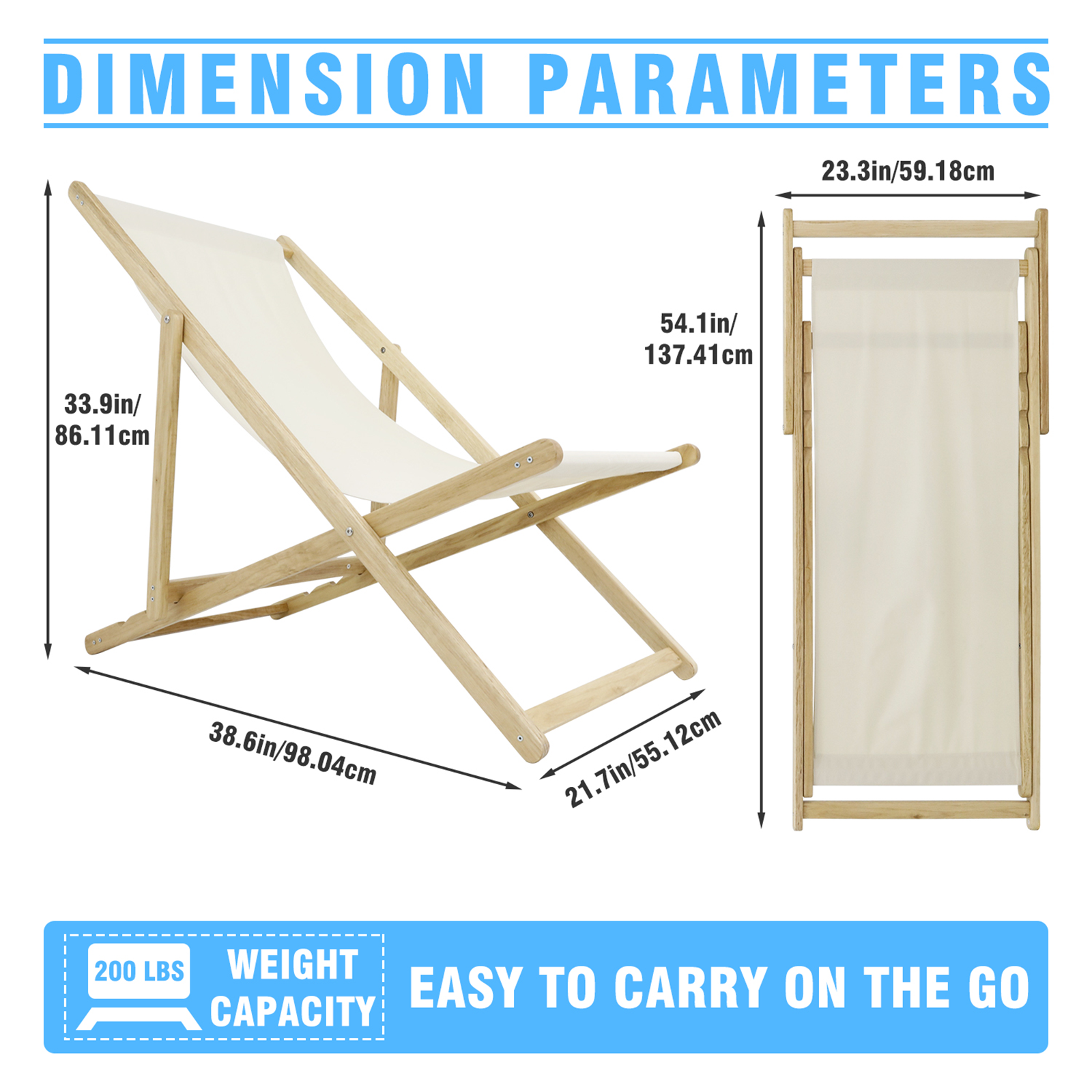 2 PCS 41″L Wooden Patio Lawn Deck Chairs Outdoor Camping Sling Chairs-GF30