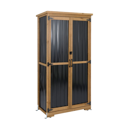 Outdoor Storage Cabinet Wood & Metal, Storage Shed with Weatherproof Double Lock for Anti-Theft Removable Shelves Adjustable Feet Wooden Floor for Patio, Garden, Backyard, Lawn