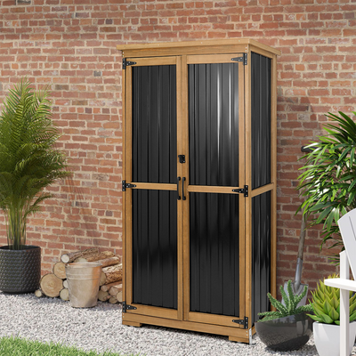 Outdoor Storage Cabinet Wood & Metal, Storage Shed with Weatherproof Double Lock for Anti-Theft Removable Shelves Adjustable Feet Wooden Floor for Patio, Garden, Backyard, Lawn