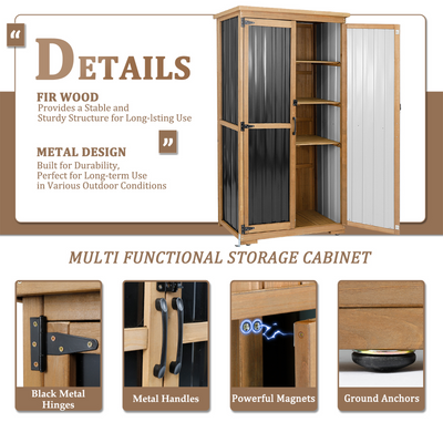 Outdoor Storage Cabinet Wood & Metal, Storage Shed with Weatherproof Double Lock for Anti-Theft Removable Shelves Adjustable Feet Wooden Floor for Patio, Garden, Backyard, Lawn
