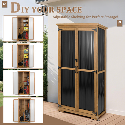 Outdoor Storage Cabinet Wood & Metal, Storage Shed with Weatherproof Double Lock for Anti-Theft Removable Shelves Adjustable Feet Wooden Floor for Patio, Garden, Backyard, Lawn