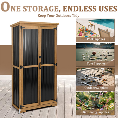 Outdoor Storage Cabinet Wood & Metal, Storage Shed with Weatherproof Double Lock for Anti-Theft Removable Shelves Adjustable Feet Wooden Floor for Patio, Garden, Backyard, Lawn