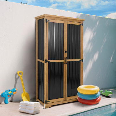 Outdoor Storage Cabinet Wood & Metal, Storage Shed with Weatherproof Double Lock for Anti-Theft Removable Shelves Adjustable Feet Wooden Floor for Patio, Garden, Backyard, Lawn