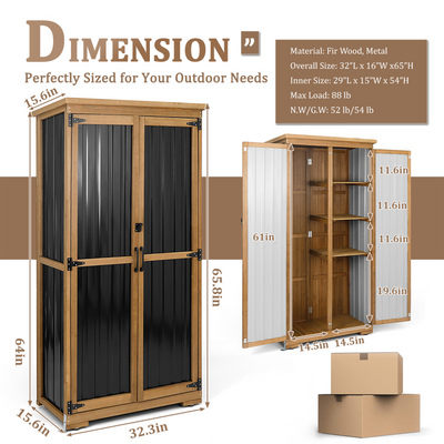 Outdoor Storage Cabinet Wood & Metal, Storage Shed with Weatherproof Double Lock for Anti-Theft Removable Shelves Adjustable Feet Wooden Floor for Patio, Garden, Backyard, Lawn