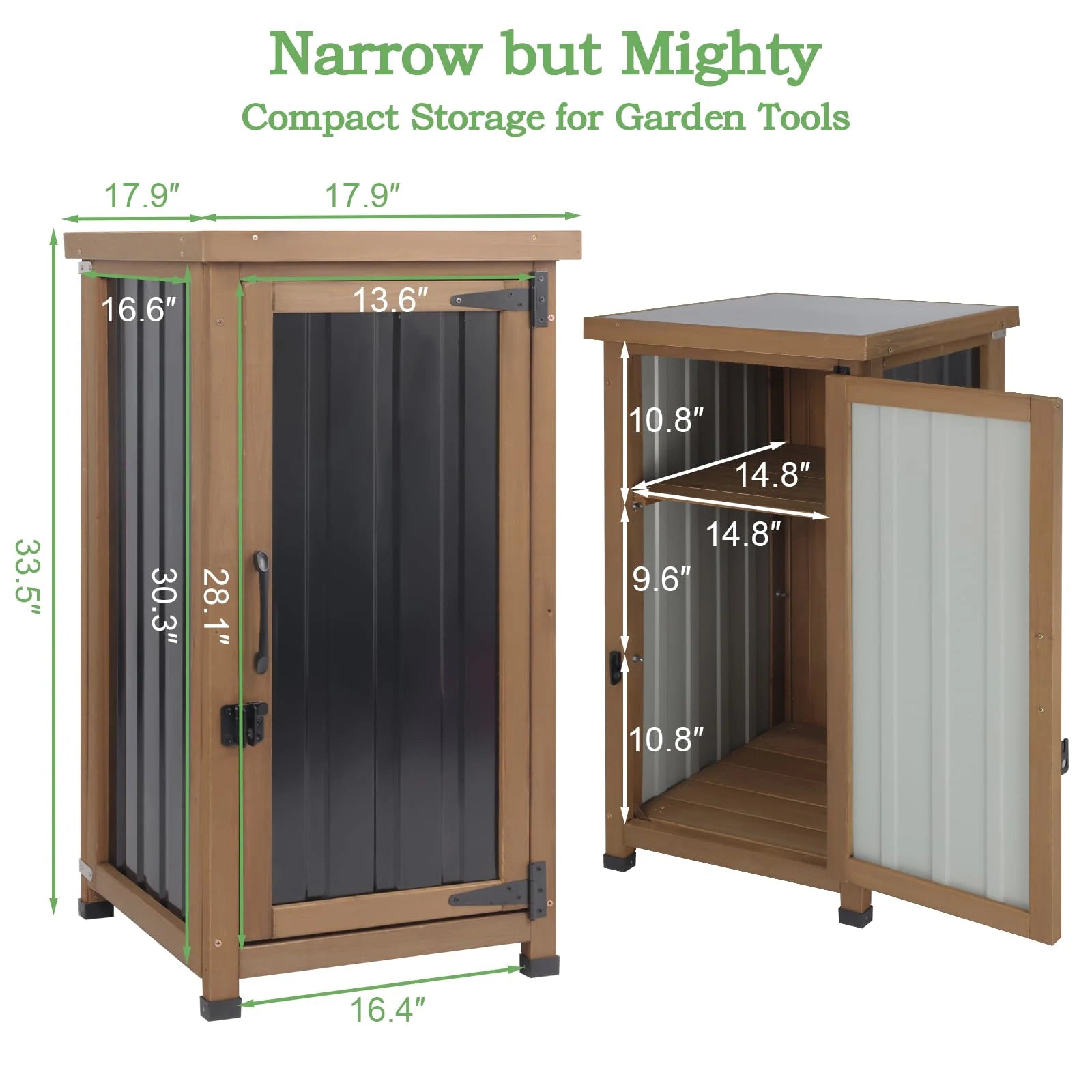 Wooden outdoor storage cabinet with waterproof metal surface