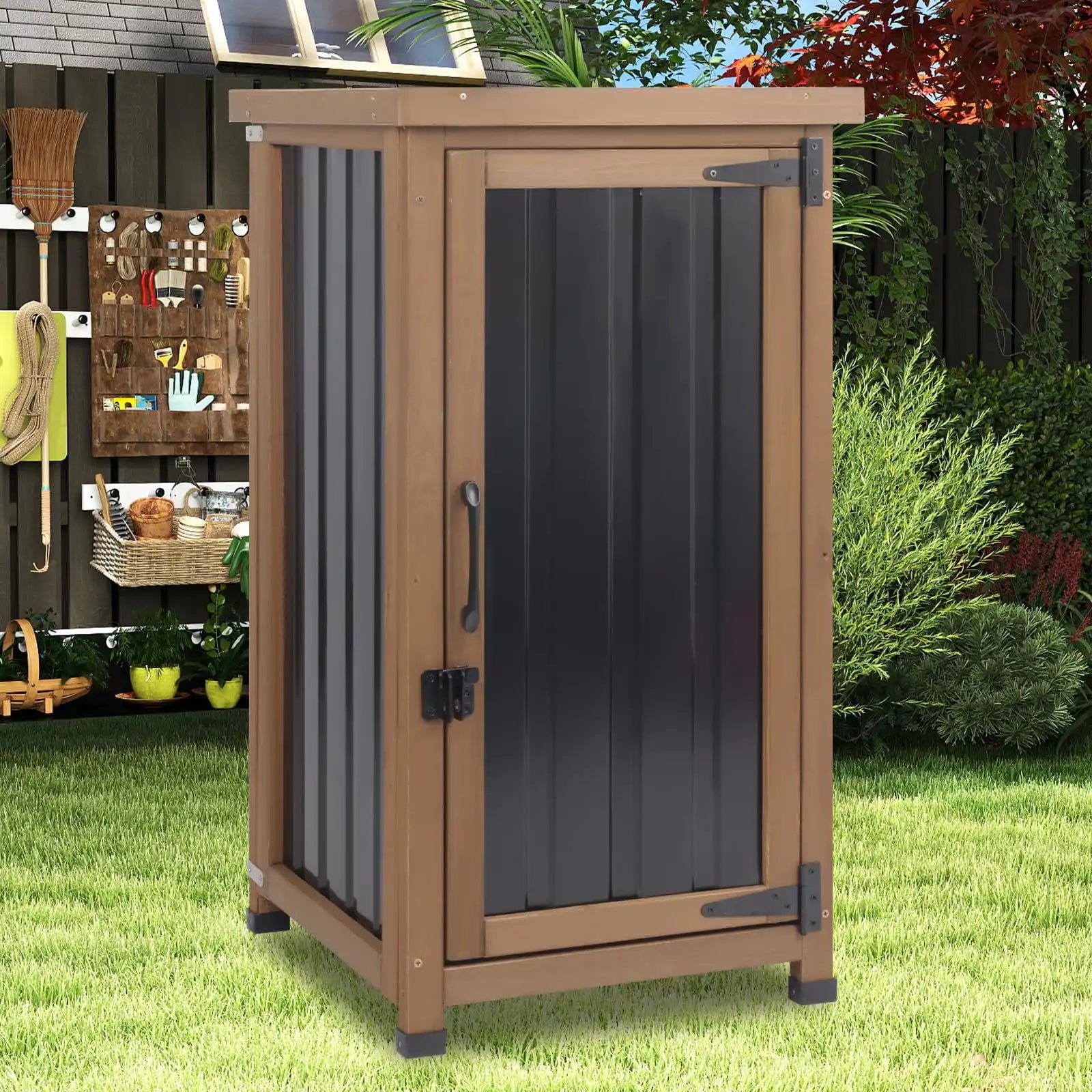 Large patio storage cabinet with adjustable wooden shelves