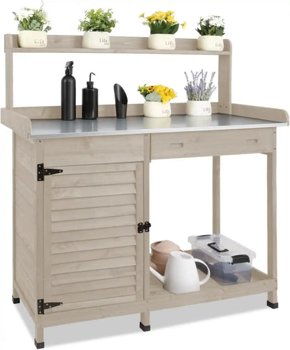 PETSCOSSET potting bench on patio with decor