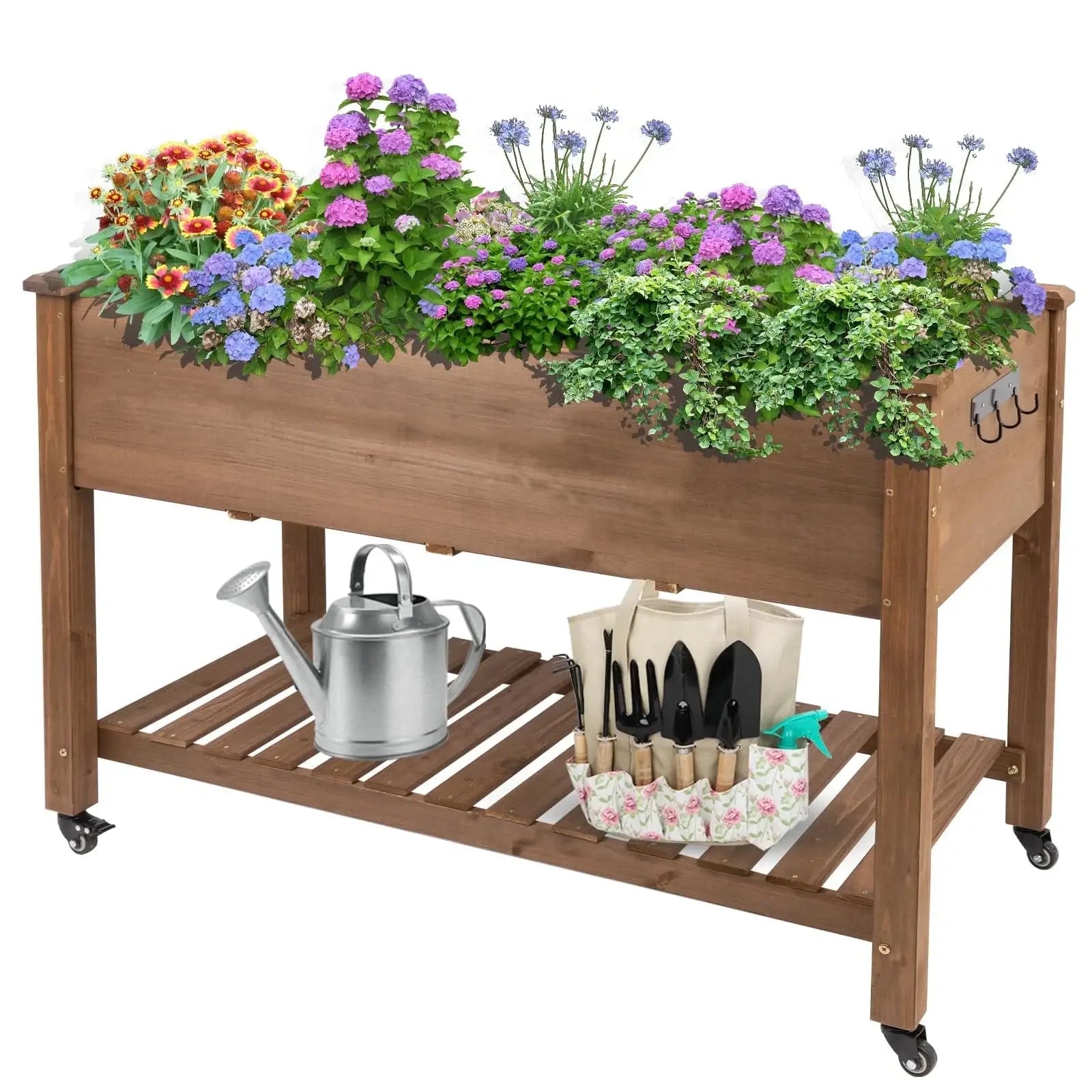 Raised wooden garden bed with wheels on patio