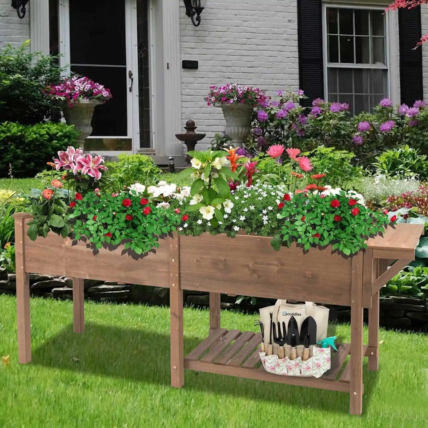 Elevated wooden planter box for outdoor gardening