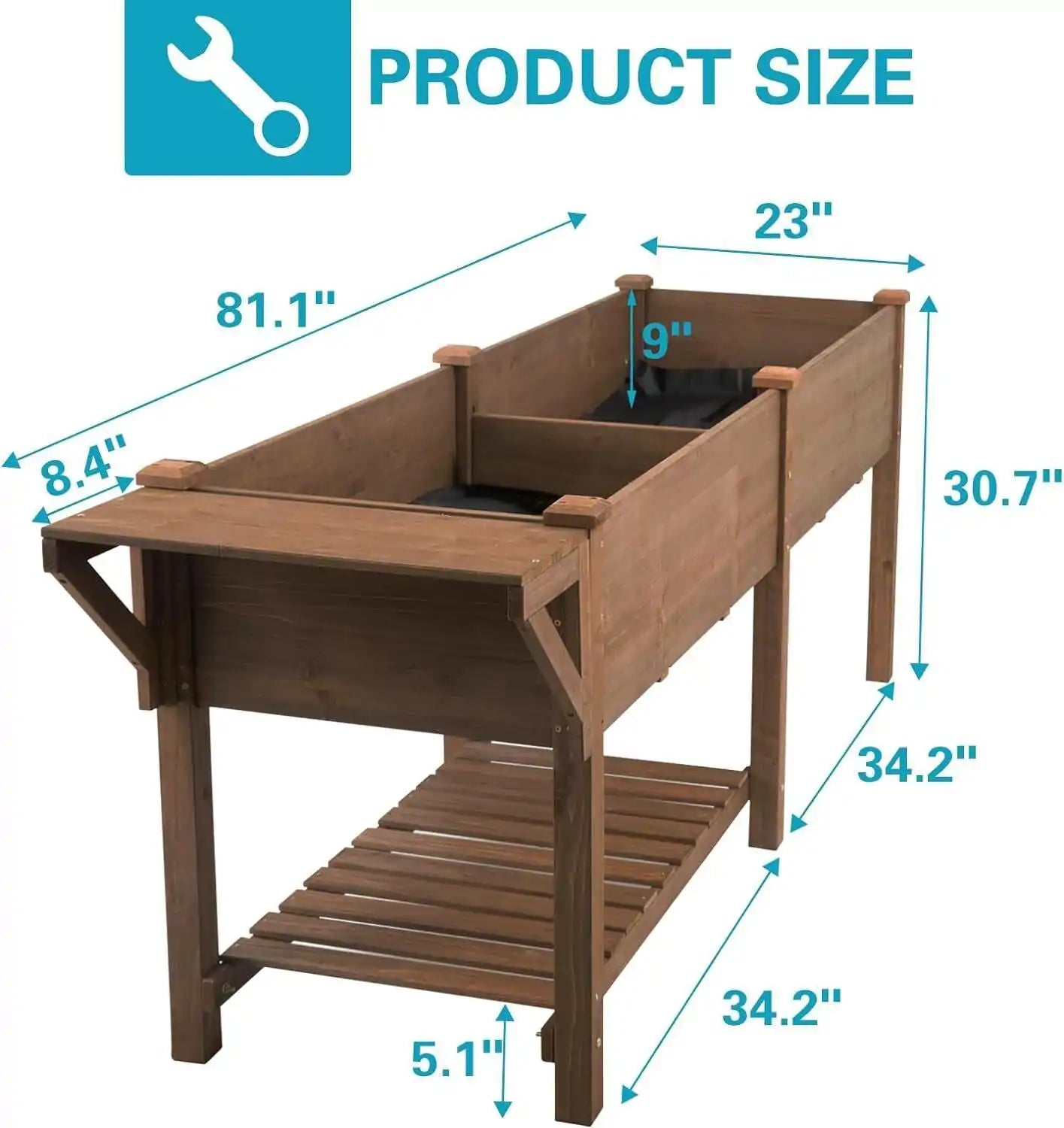 Side view of brown raised garden bed with legs