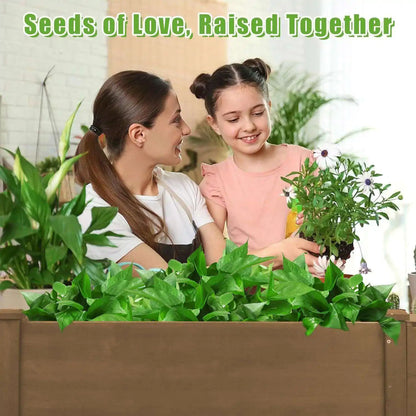 Side view of elevated garden box with legs and storage shelf
