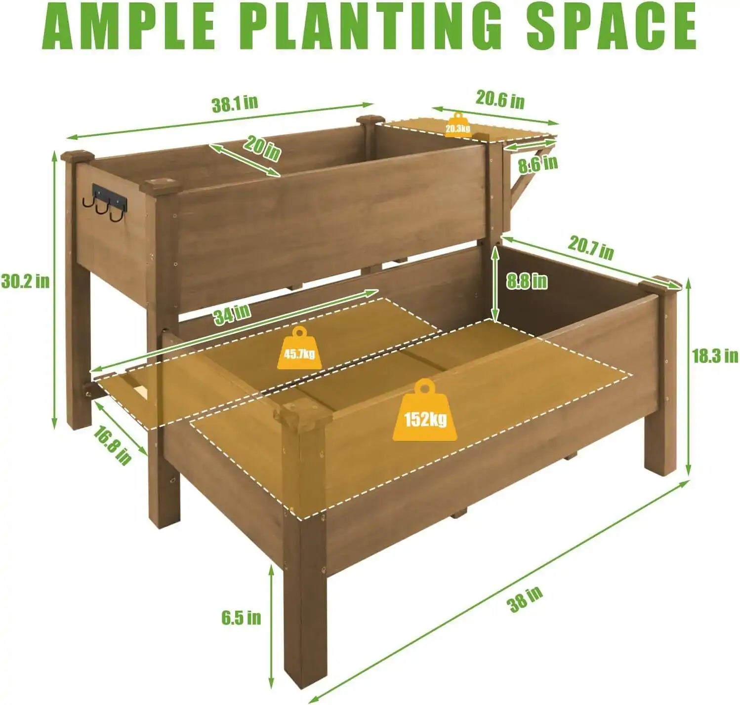 Front angle of 2-tier wooden garden bed filled with plants