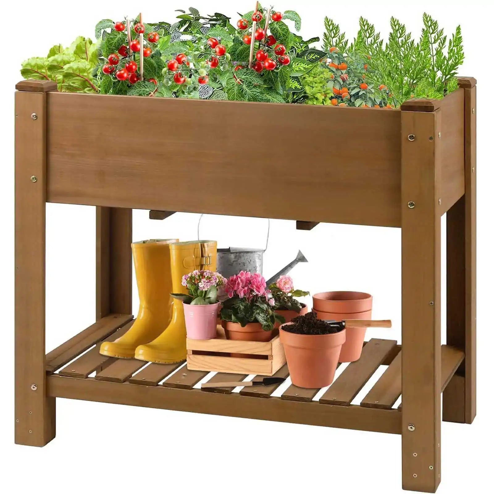 Raised wooden garden bed with legs for outdoor planting