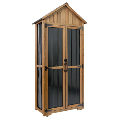 Outdoor Storage Cabinet Waterproof, Outdoor Storage Shed with Shelves, Wood & Metal Patio Backyard Garden Storage Cabinet Tool Organizer for Outside