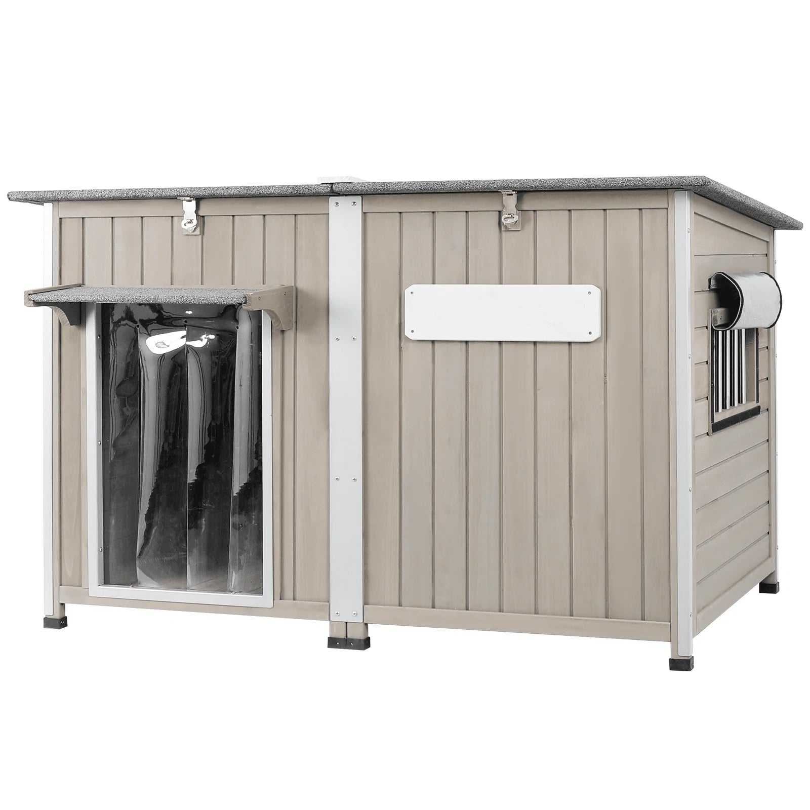 PETSCOSSET 55" XL Wooden Outdoor Dog House, Weatherproof Shelter for Large Dogs Up to 220lbs, Anti-Chew Frame, Window & Raised Base