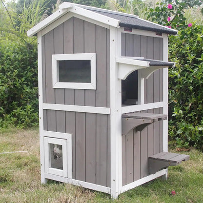 Two-story outdoor cat house with openable roof for easy cleaning