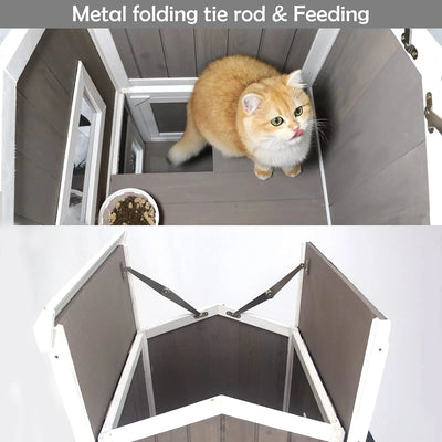Weatherproof cat house side view with escape door and windows