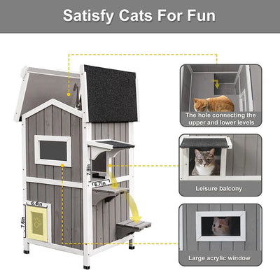 Outdoor wooden cat home with roof open showing interior layout