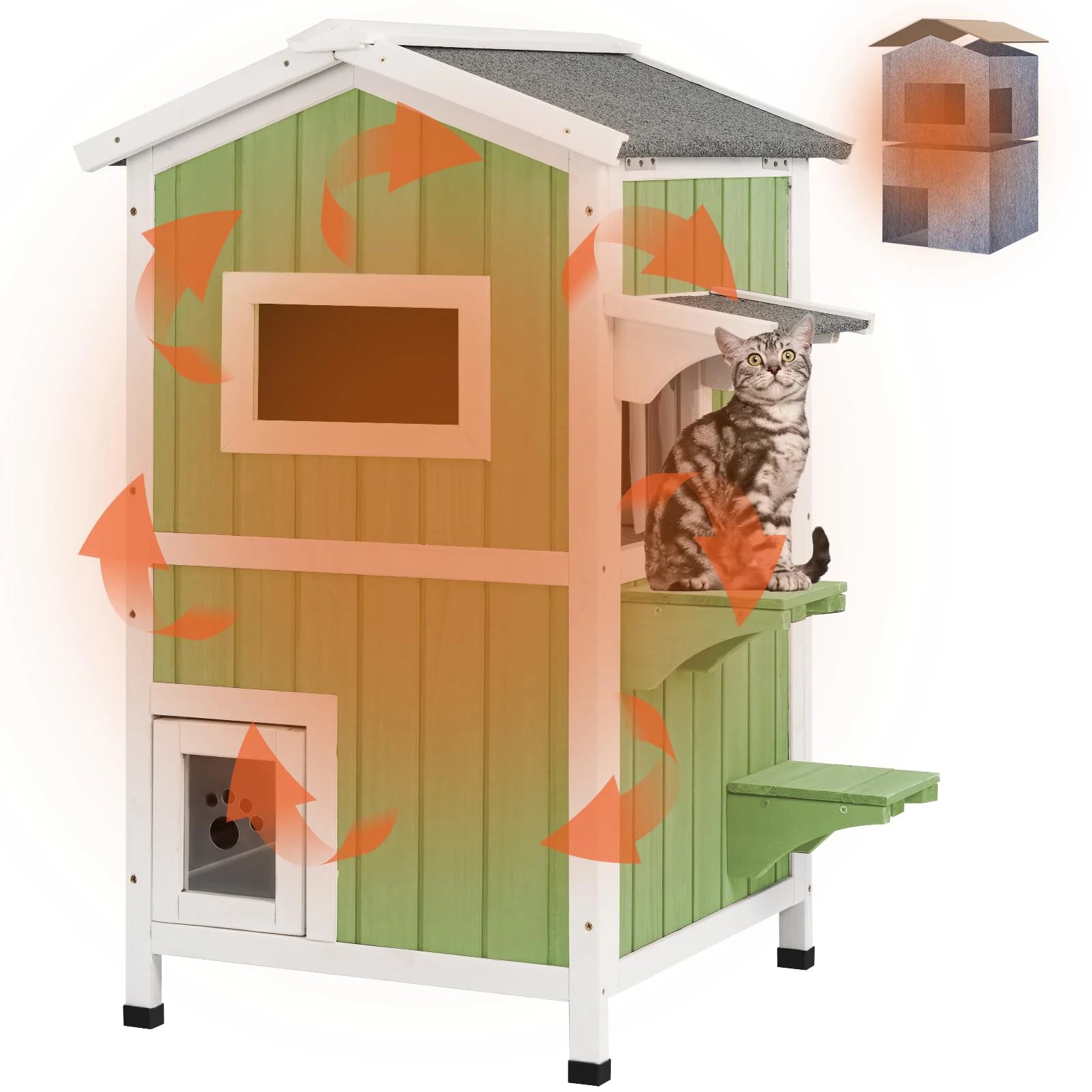 PETSCOSSET insulated outdoor cat house front view in green