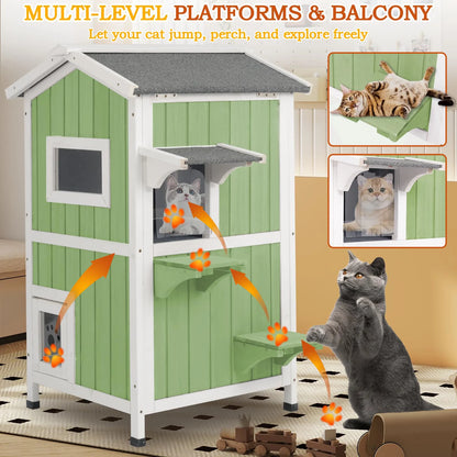 Wooden cat house in garden setup for outdoor cats
