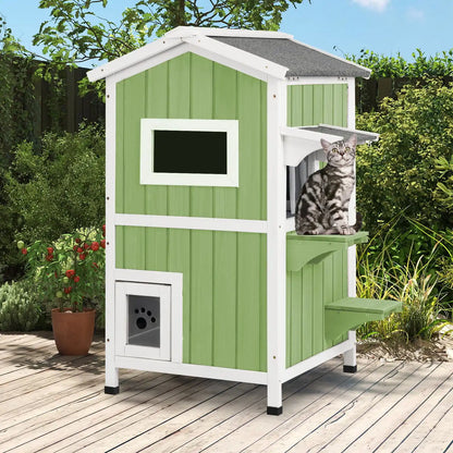 Double-deck outdoor cat house for multiple cats