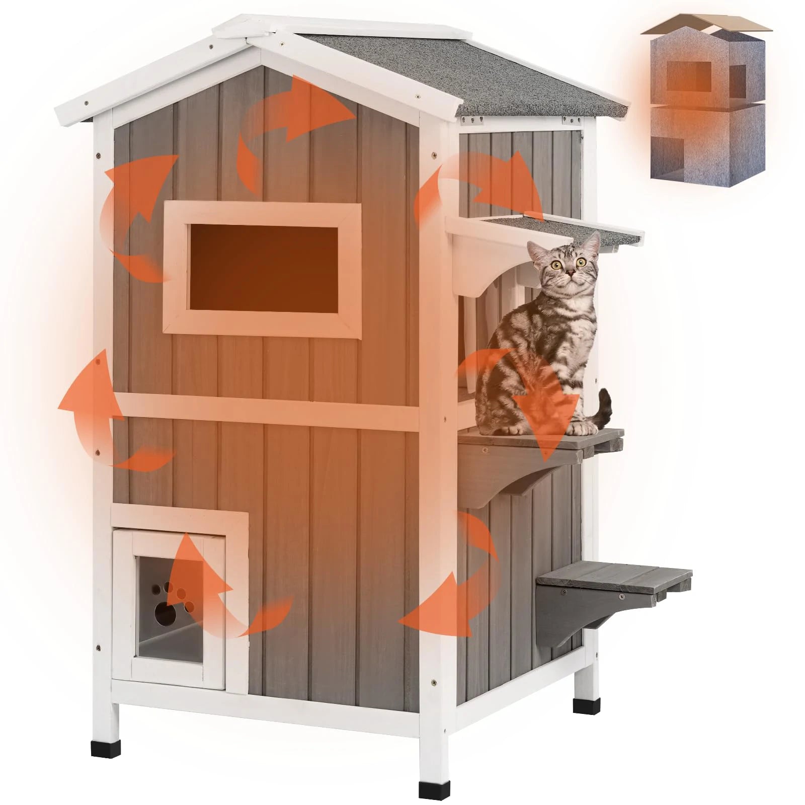PETSCOSSET insulated outdoor cat house front view in grey